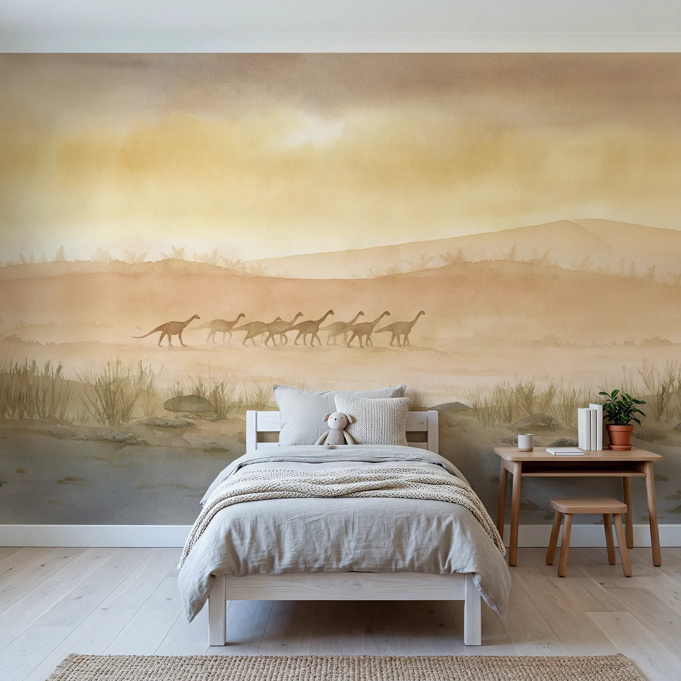 Watercolor wall mural of a sauropod herd at dawn by Whimsy Tots