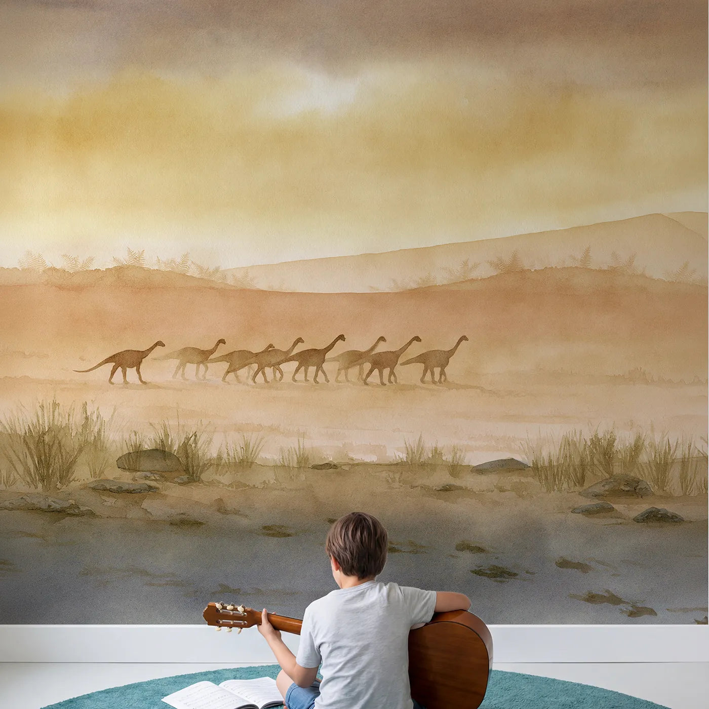 Child in nursery with Sauropod Herd Dawn Wallpaper Mural by Whimsy Tots