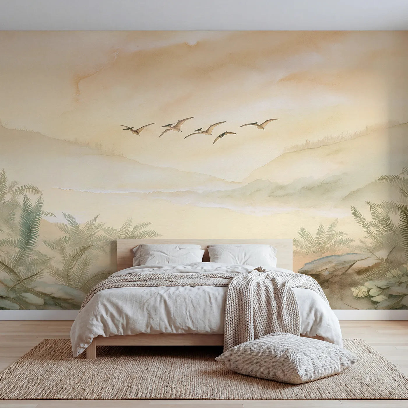 Watercolor wall mural of pterosaurs in a wide warm sky by Whimsy Tots
