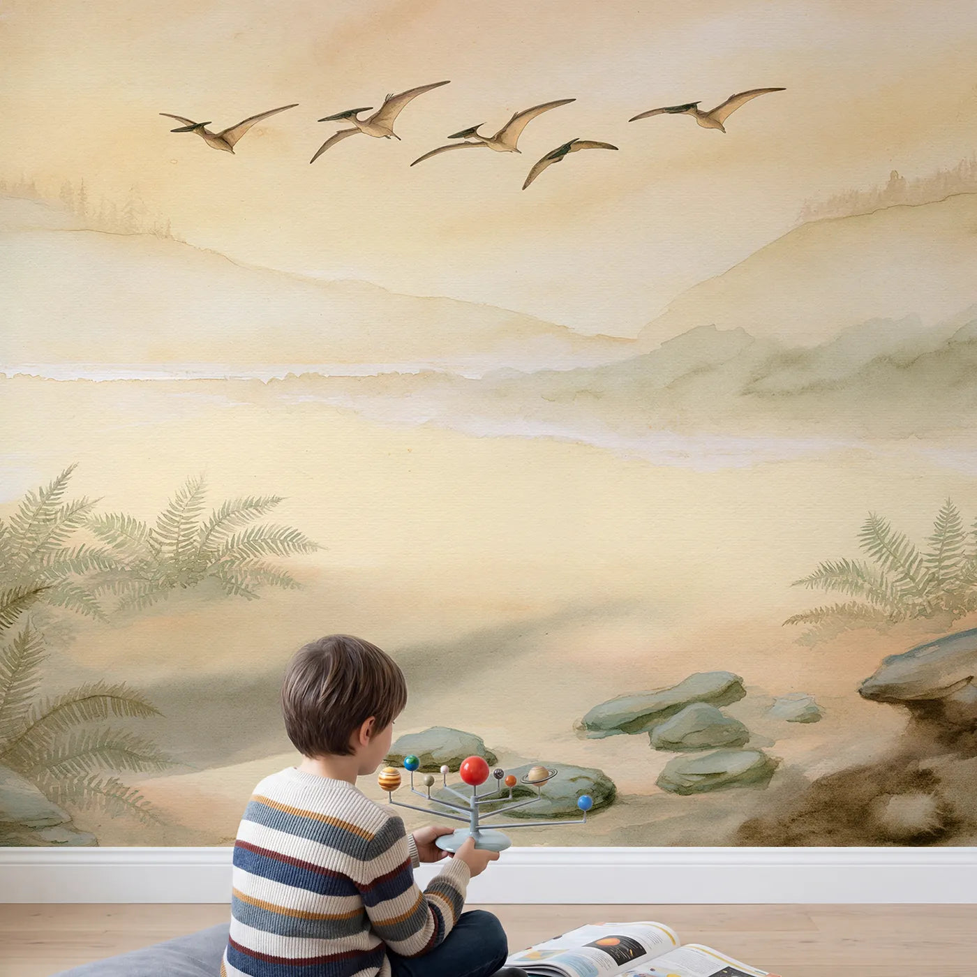Child in nursery with Pterosaur Distant Sky Wallpaper Mural by Whimsy Tots