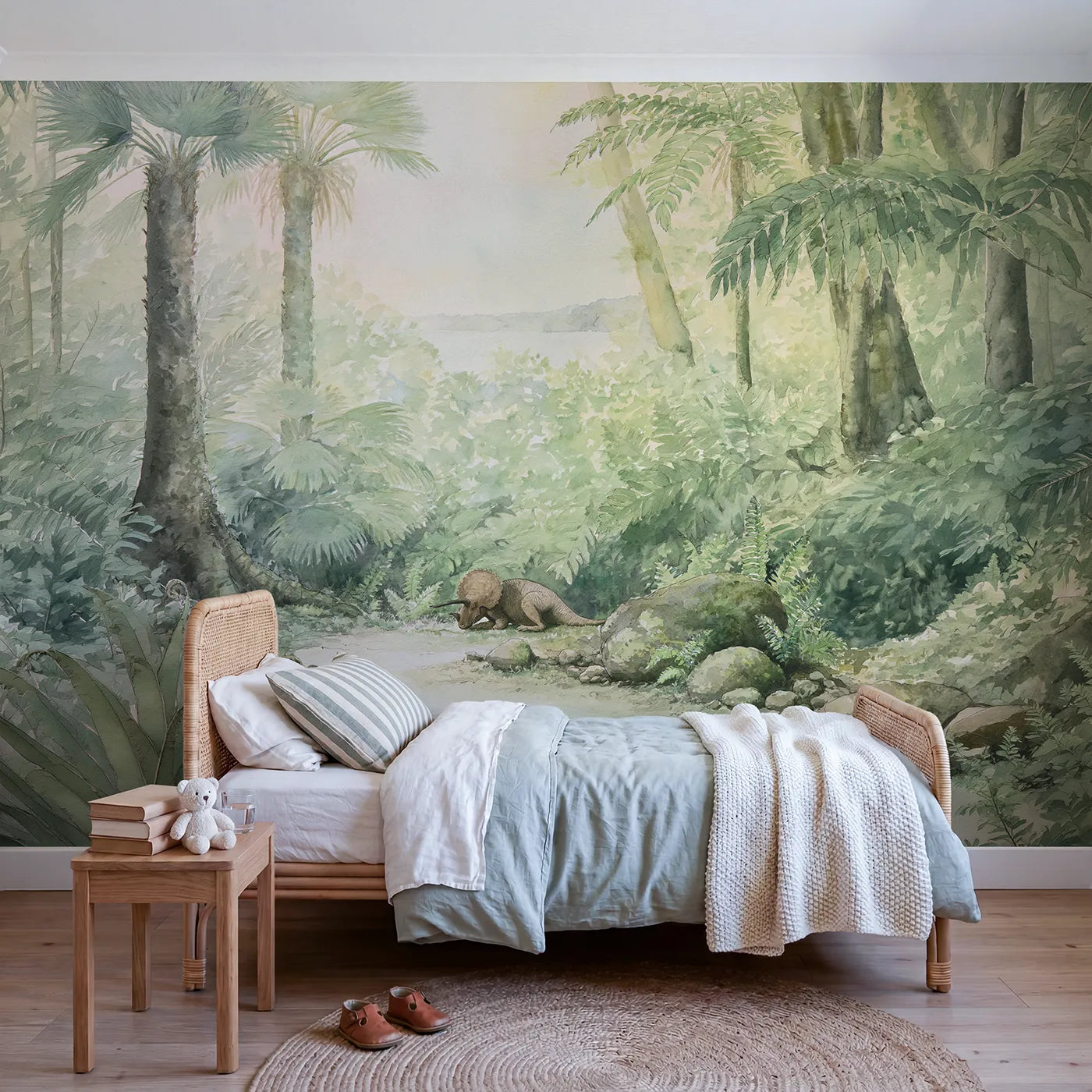 Watercolor wall mural of a hushed cycad forest by Whimsy Tots