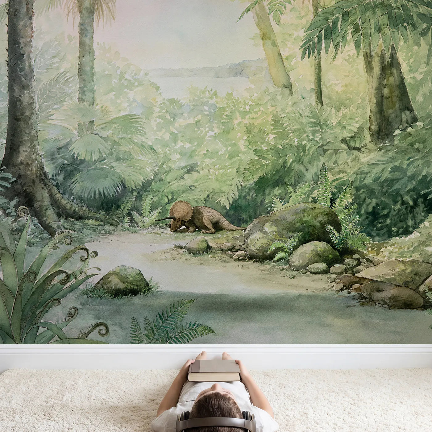 Child in nursery with Cycad Forest Hush Wallpaper Mural by Whimsy Tots
