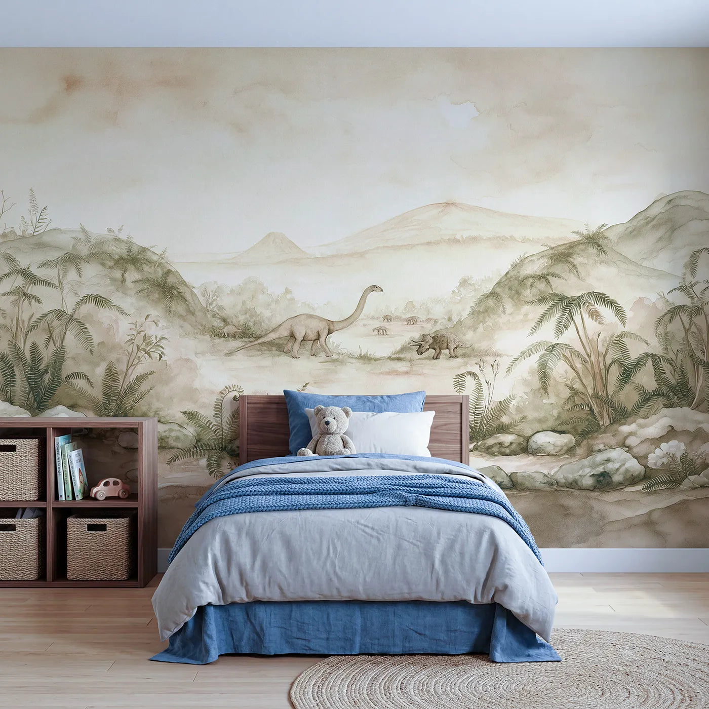 Watercolor wall mural of a calm distant volcano valley by Whimsy Tots