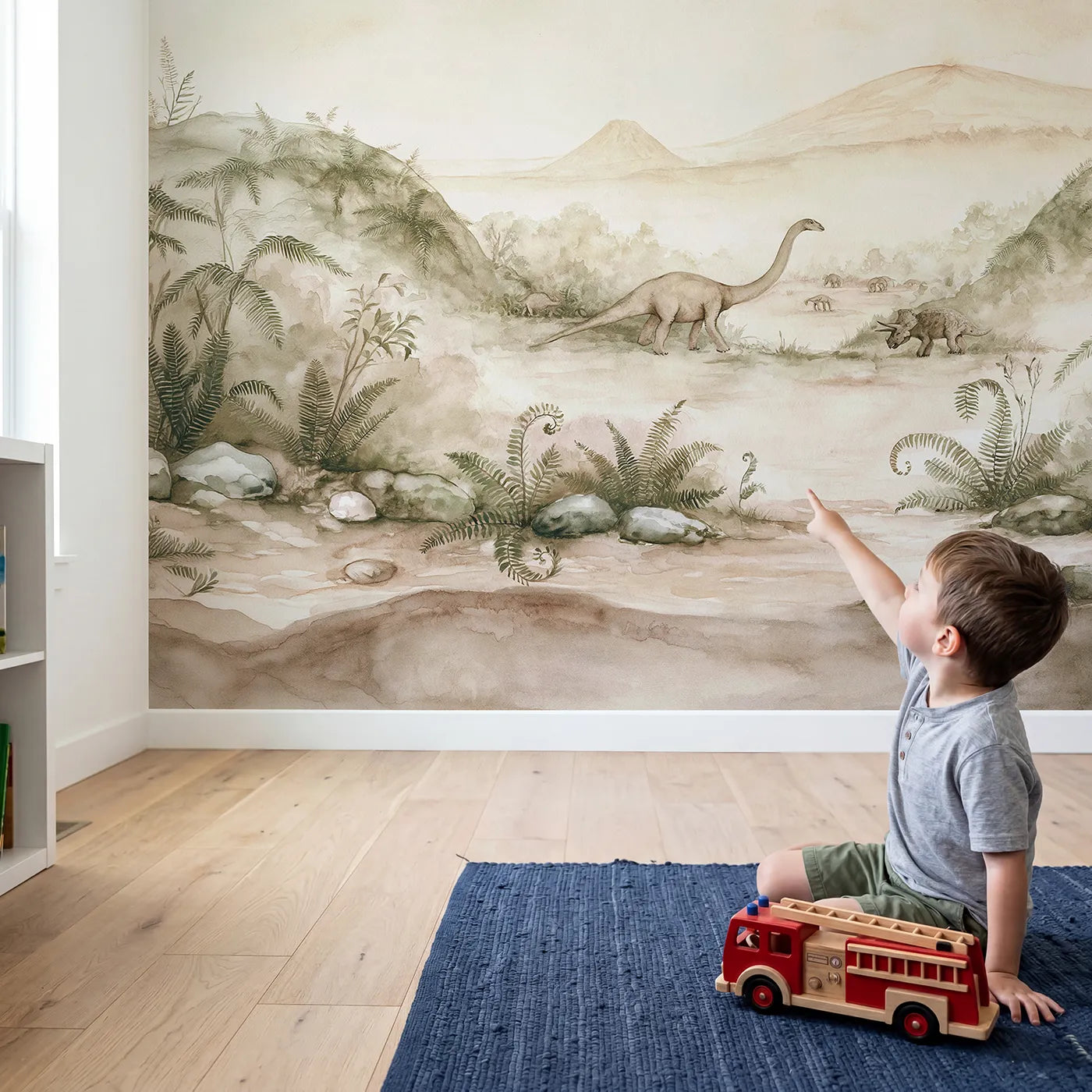 Child in nursery with Distant Calm Volcano Wallpaper Mural by Whimsy Tots
