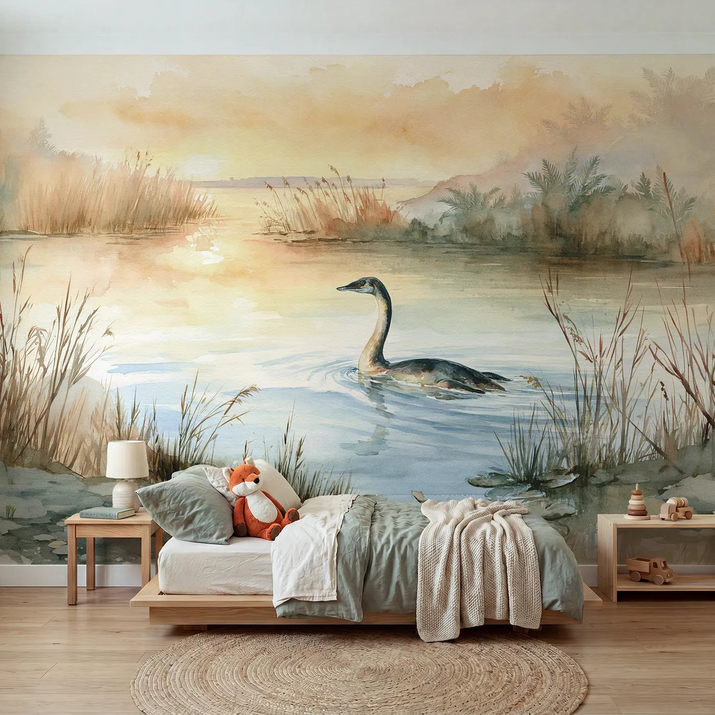 Watercolor wall mural of a plesiosaur in a dawn lagoon by Whimsy Tots