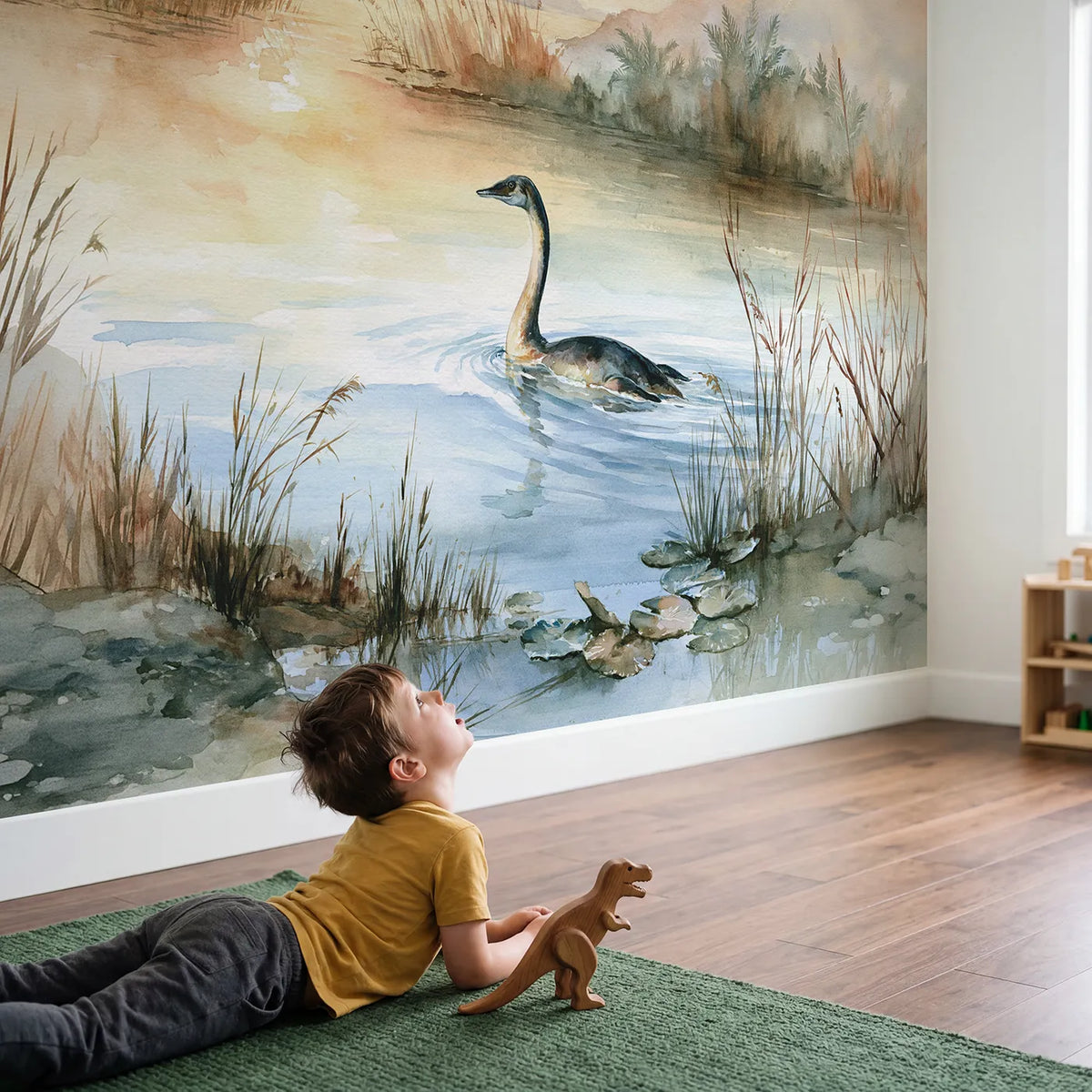 Child in nursery with Plesiosaur Calm Lagoon Wallpaper Mural by Whimsy Tots