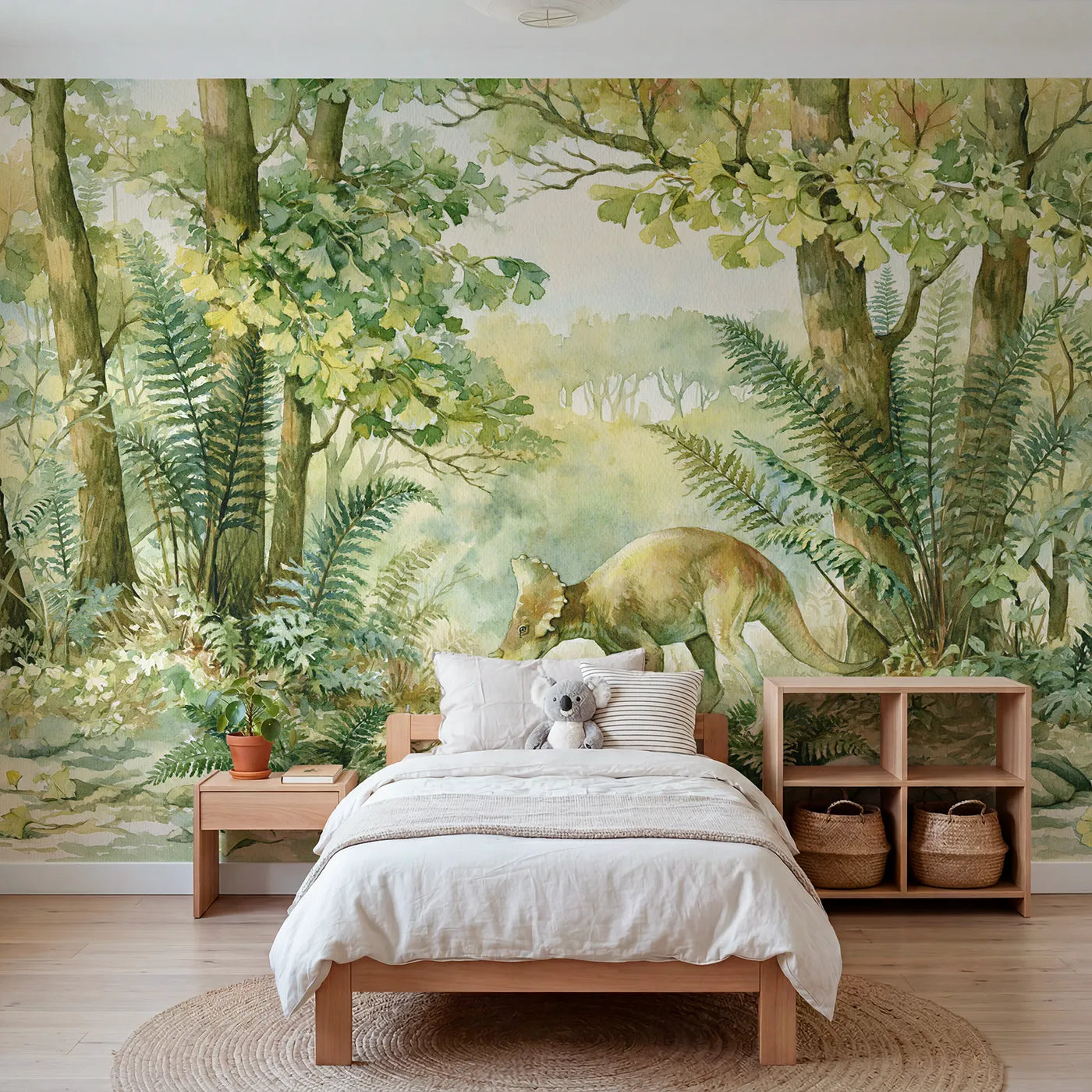 Watercolor wall mural of a ginkgo grove and dinosaur by Whimsy Tots