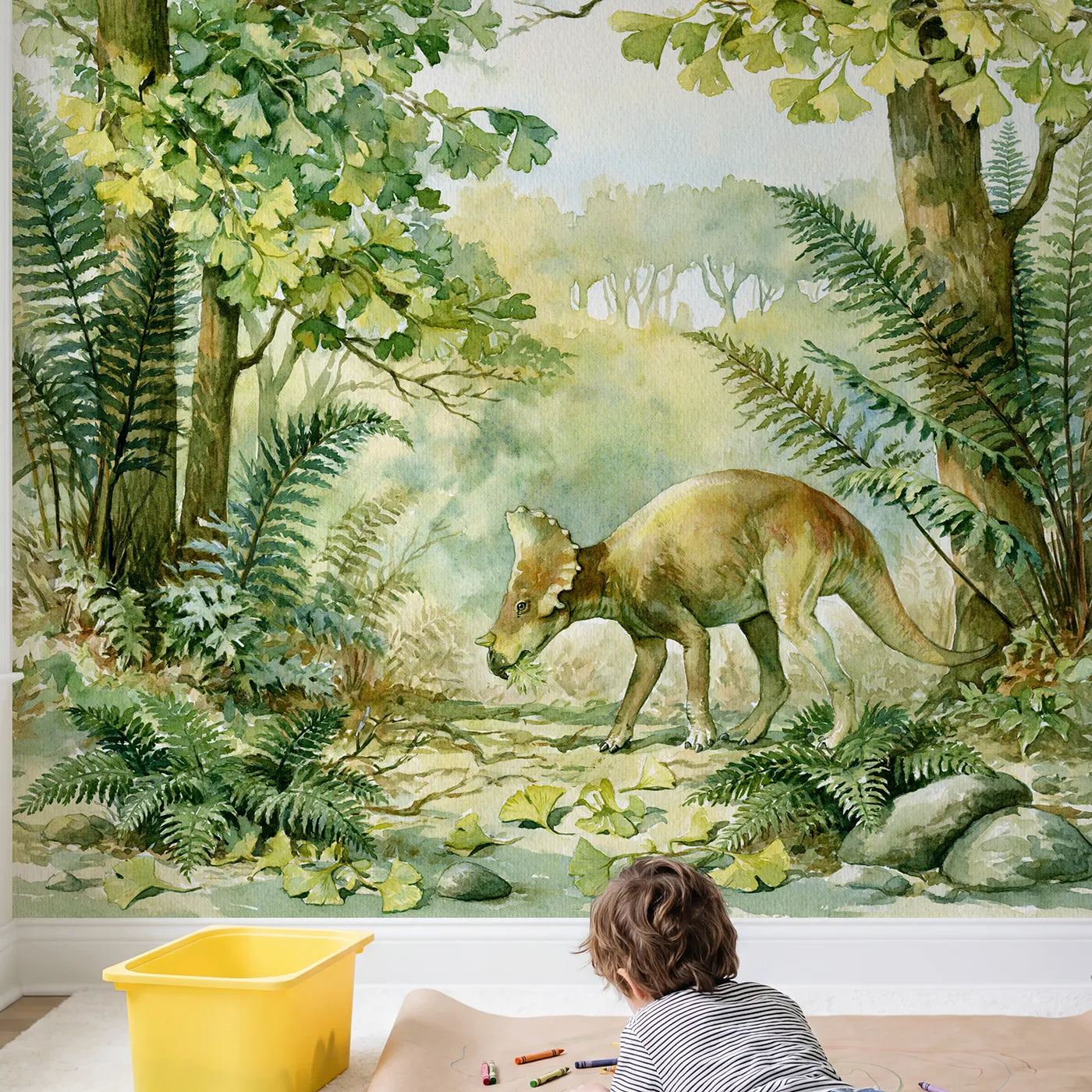 Child in nursery with Ginkgo Grove Study Wallpaper Mural by Whimsy Tots