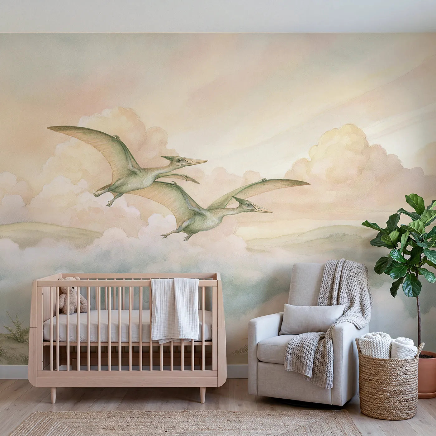 Storybook wall mural of two little pterosaurs in clouds by Whimsy Tots