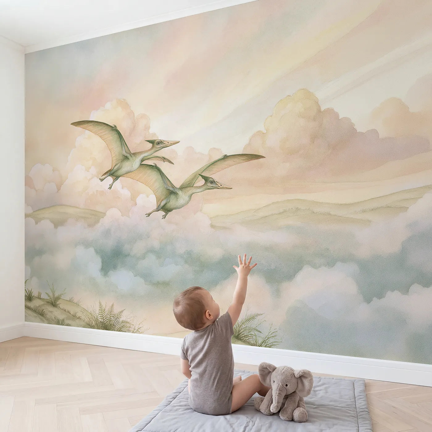 Child in nursery with Pterosaur Sky Friends Wallpaper Mural by Whimsy Tots