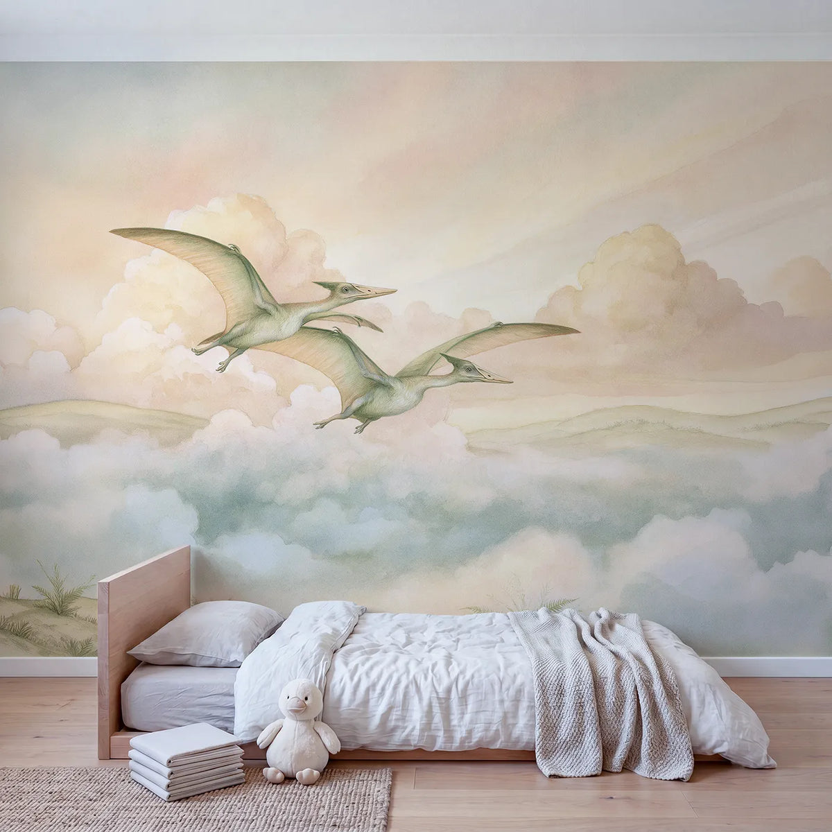 Pterosaur Sky Friends Wallpaper Mural in playroom setting by Whimsy Tots
