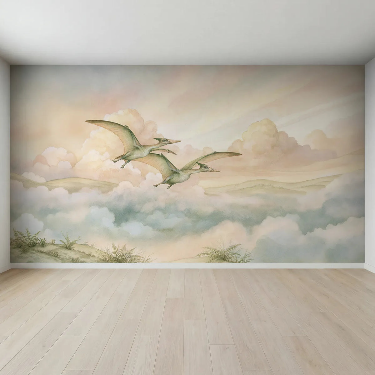 Full view of Pterosaur Sky Friends Wallpaper Mural by Whimsy Tots