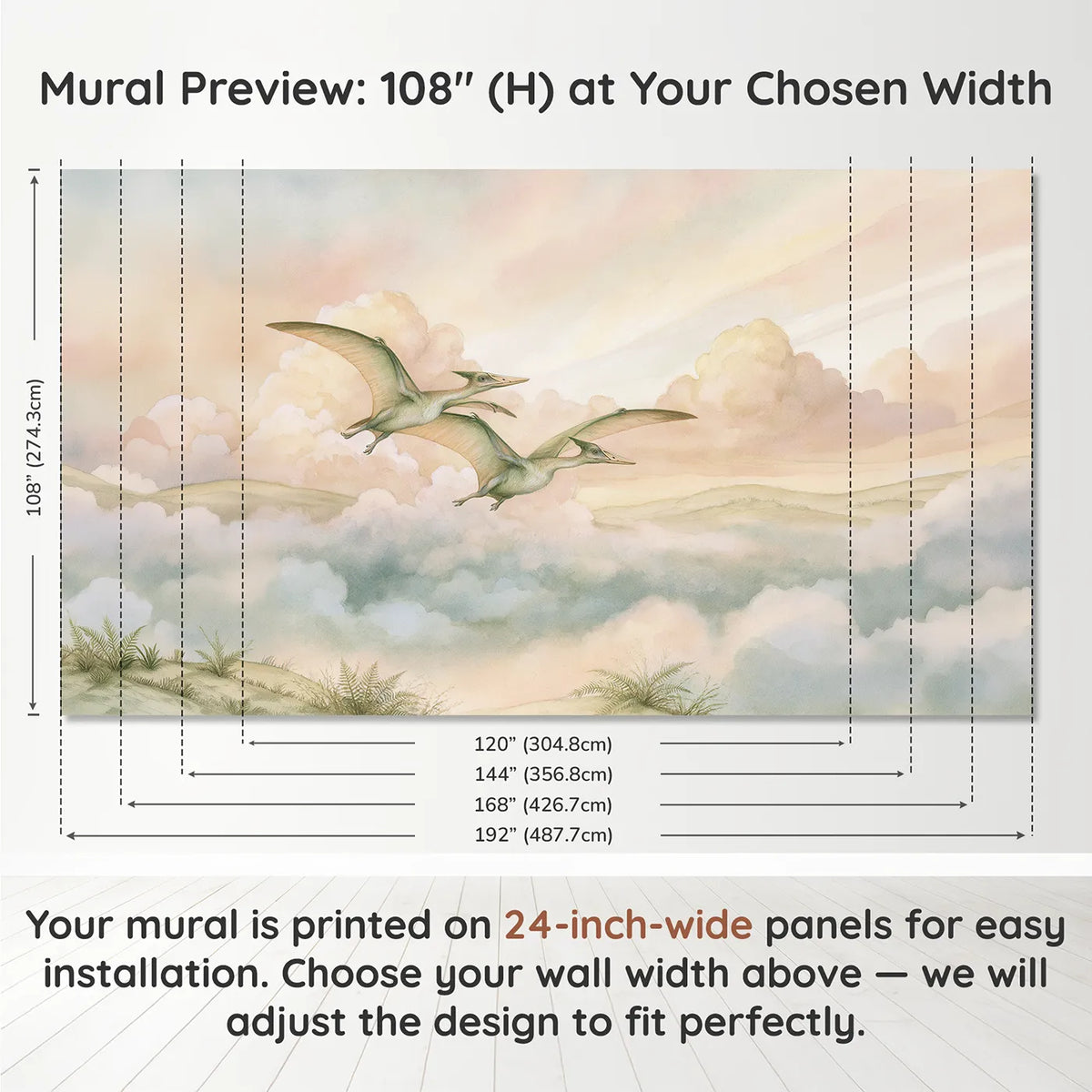 Panel layout and dimensions for Pterosaur Sky Friends Wallpaper Mural by Whimsy Tots