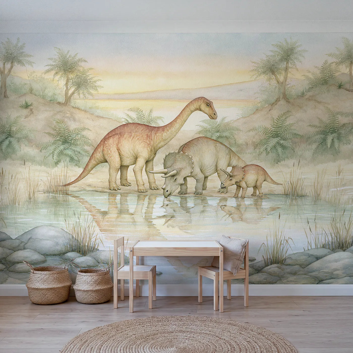 Storybook wall mural of dinosaurs at a watering hole by Whimsy Tots
