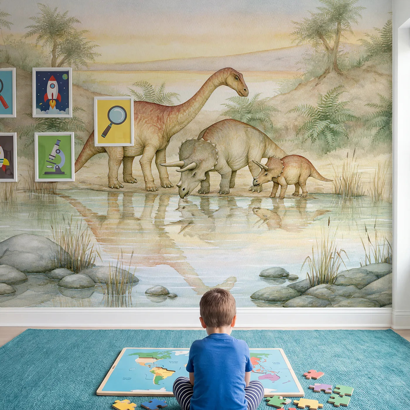Child in nursery with Dino Watering Hole Wallpaper Mural by Whimsy Tots