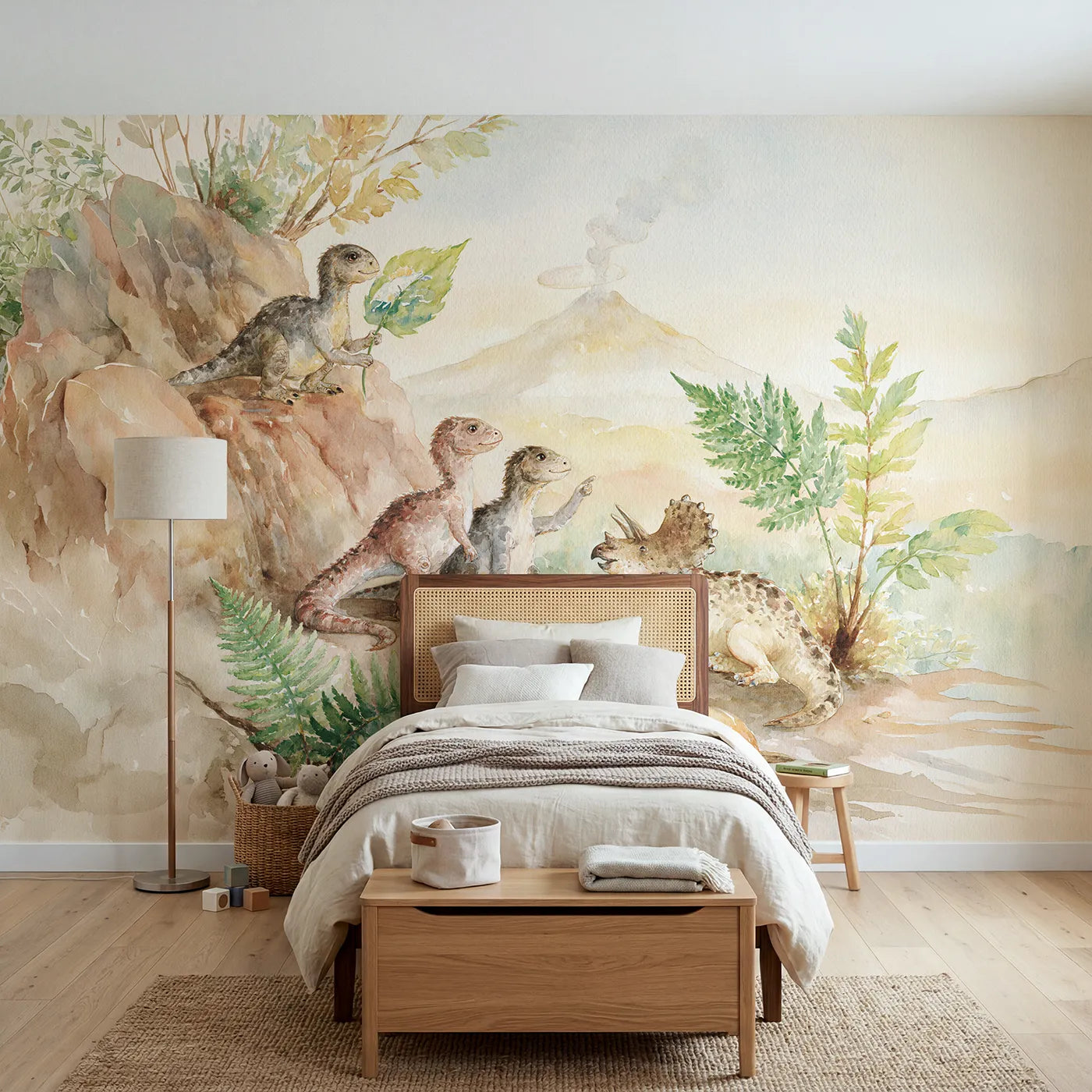 Watercolor dinosaurs watching a distant volcano, wall mural for a big-kid bedroom by Whimsy Tots