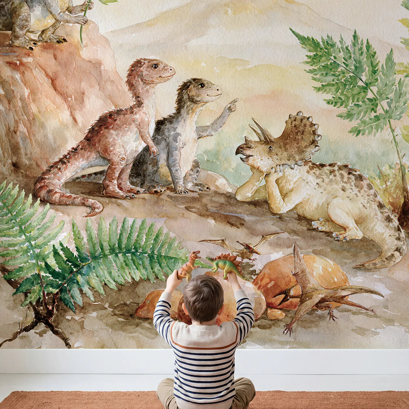 Child in nursery with The Volcano Weather Report Wallpaper Mural by Whimsy Tots