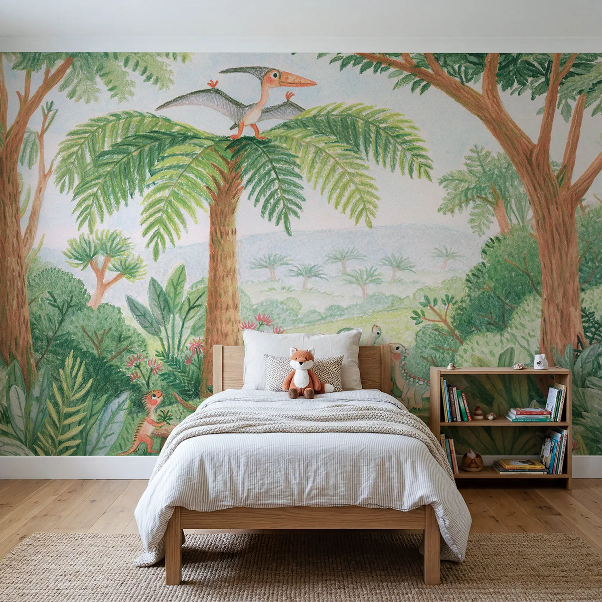 Colored Pencil pterosaur lookout on a tree fern, wall mural for a playroom by Whimsy Tots