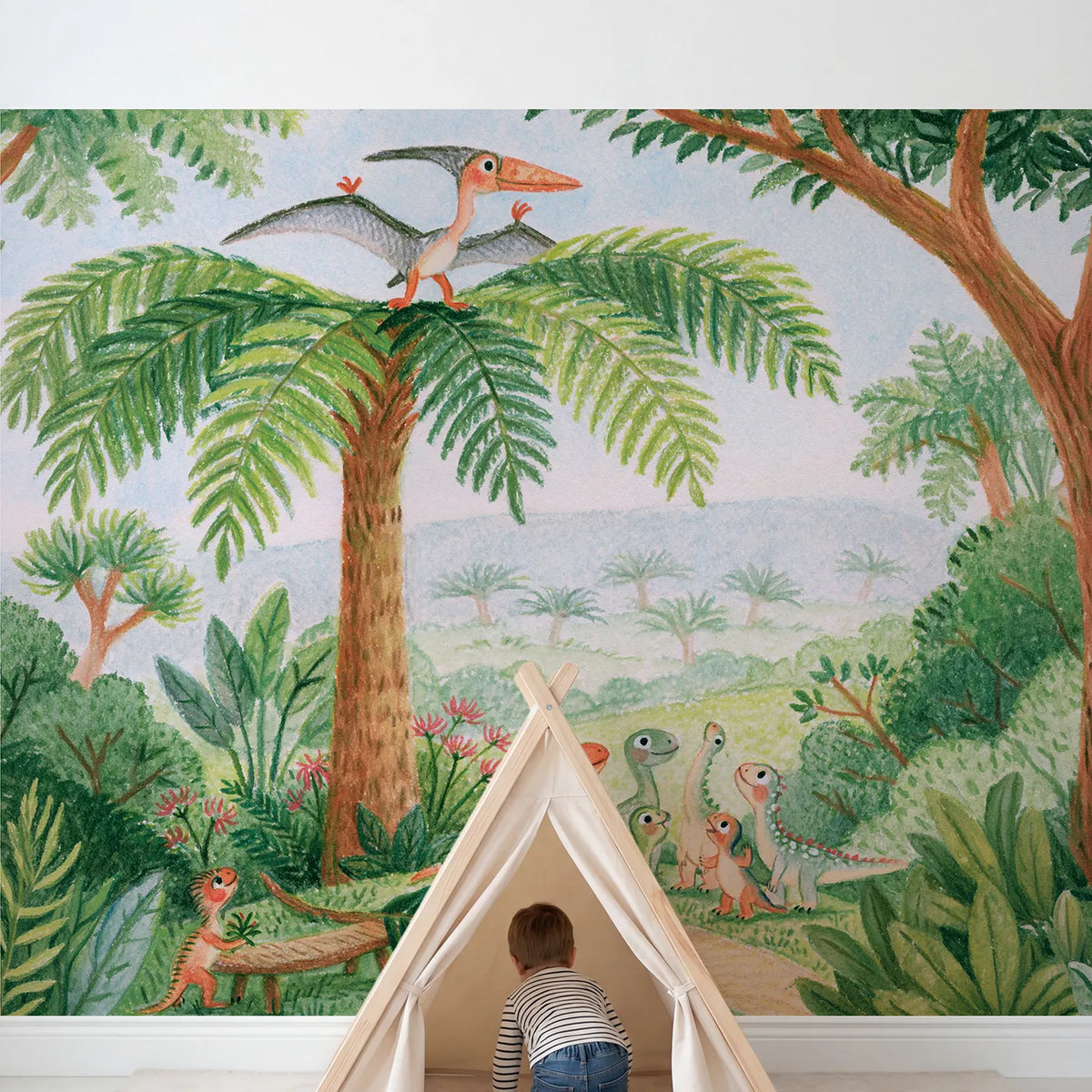 Child in nursery with The Fern Lookout Wallpaper Mural by Whimsy Tots