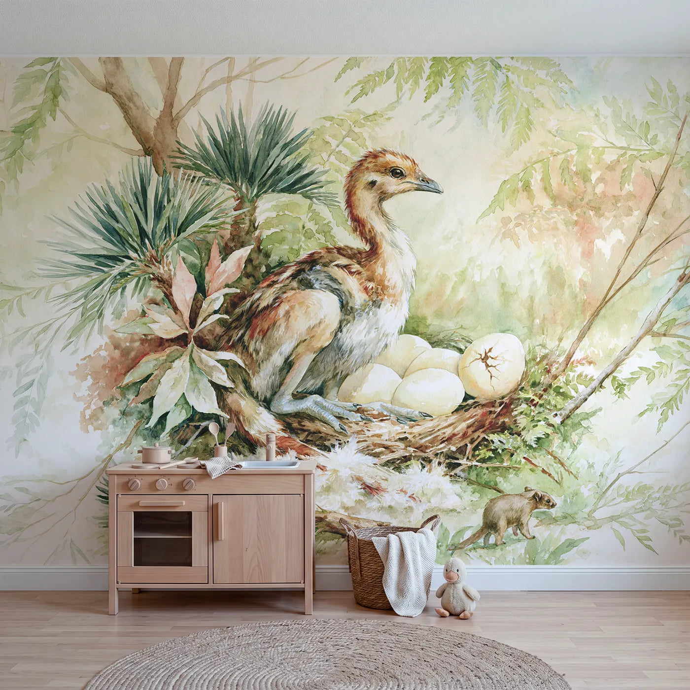 Watercolor feathered dinosaur guarding a nest of eggs, wall mural for a toddler room by Whimsy Tots