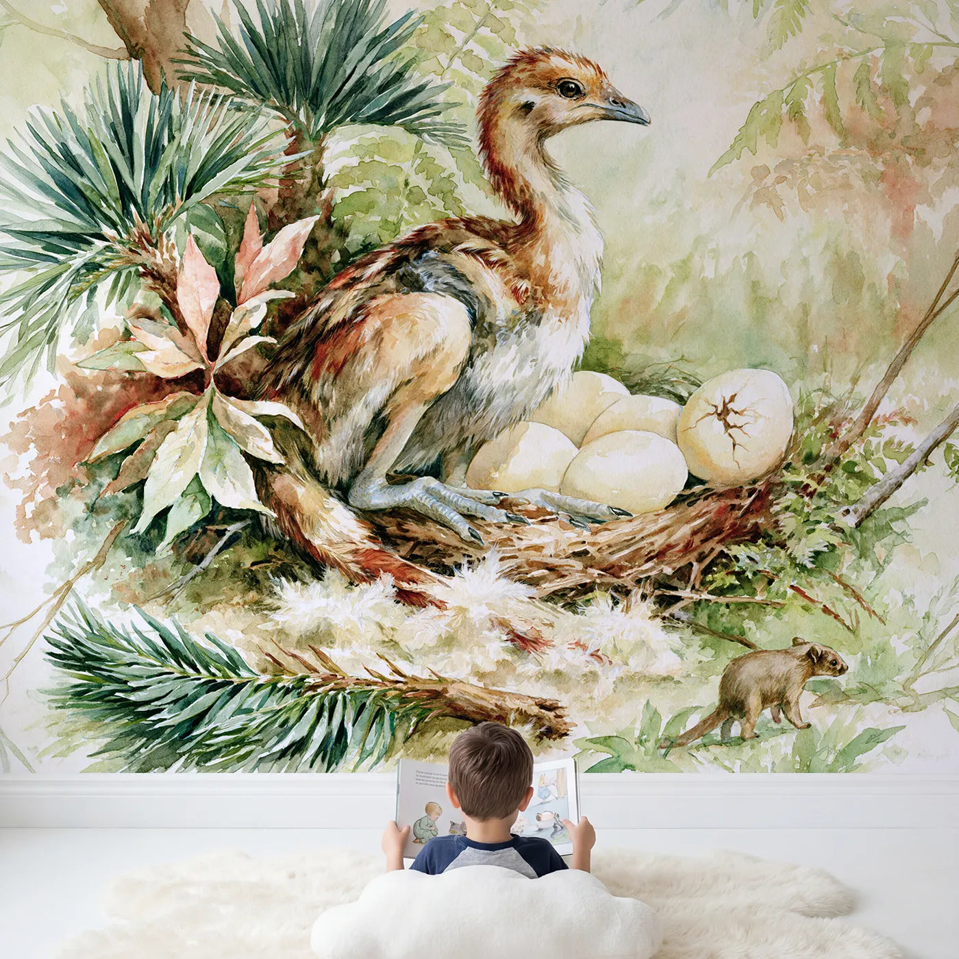 Child in nursery with The Nest Guard Wallpaper Mural by Whimsy Tots