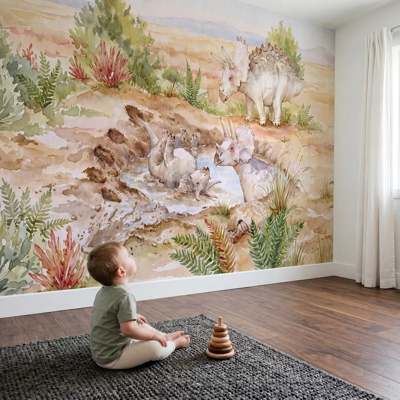 Child in nursery with The Mud Bath Wallpaper Mural by Whimsy Tots