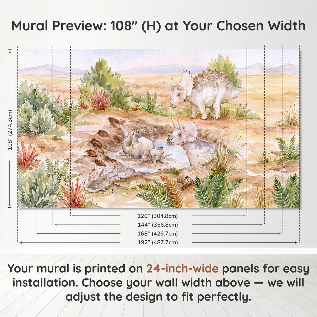 Panel layout and dimensions for The Mud Bath Wallpaper Mural by Whimsy Tots