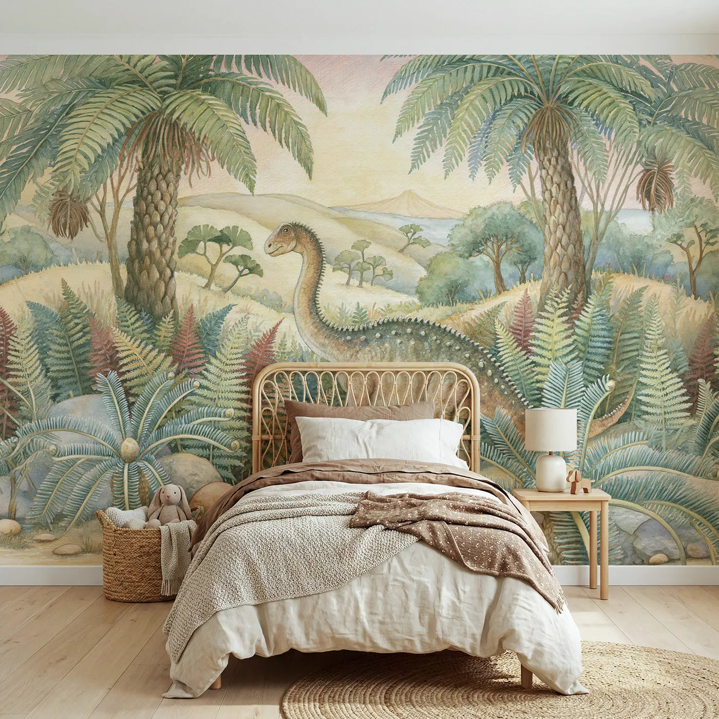 Storybook wall mural of a gentle iguanodon by Whimsy Tots