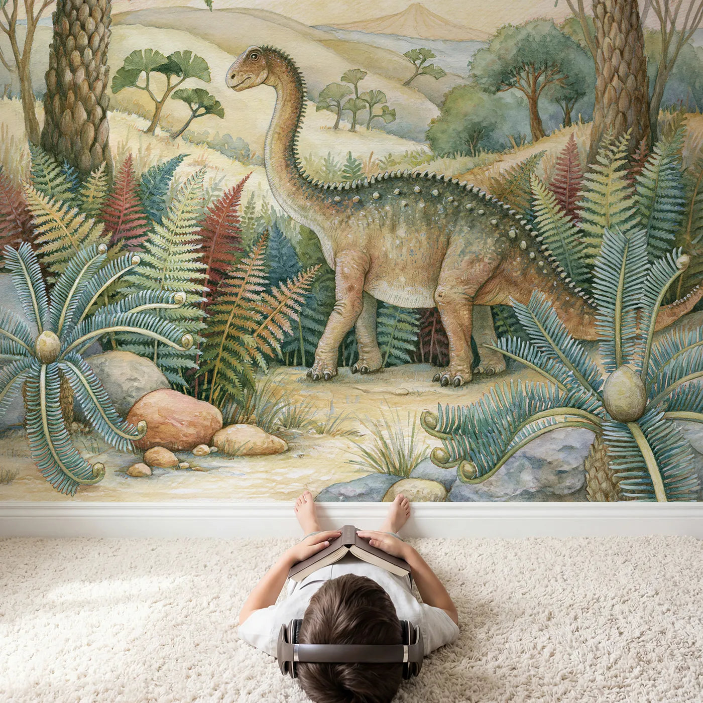 Child in nursery with Gentle Iguanodon Wallpaper Mural by Whimsy Tots