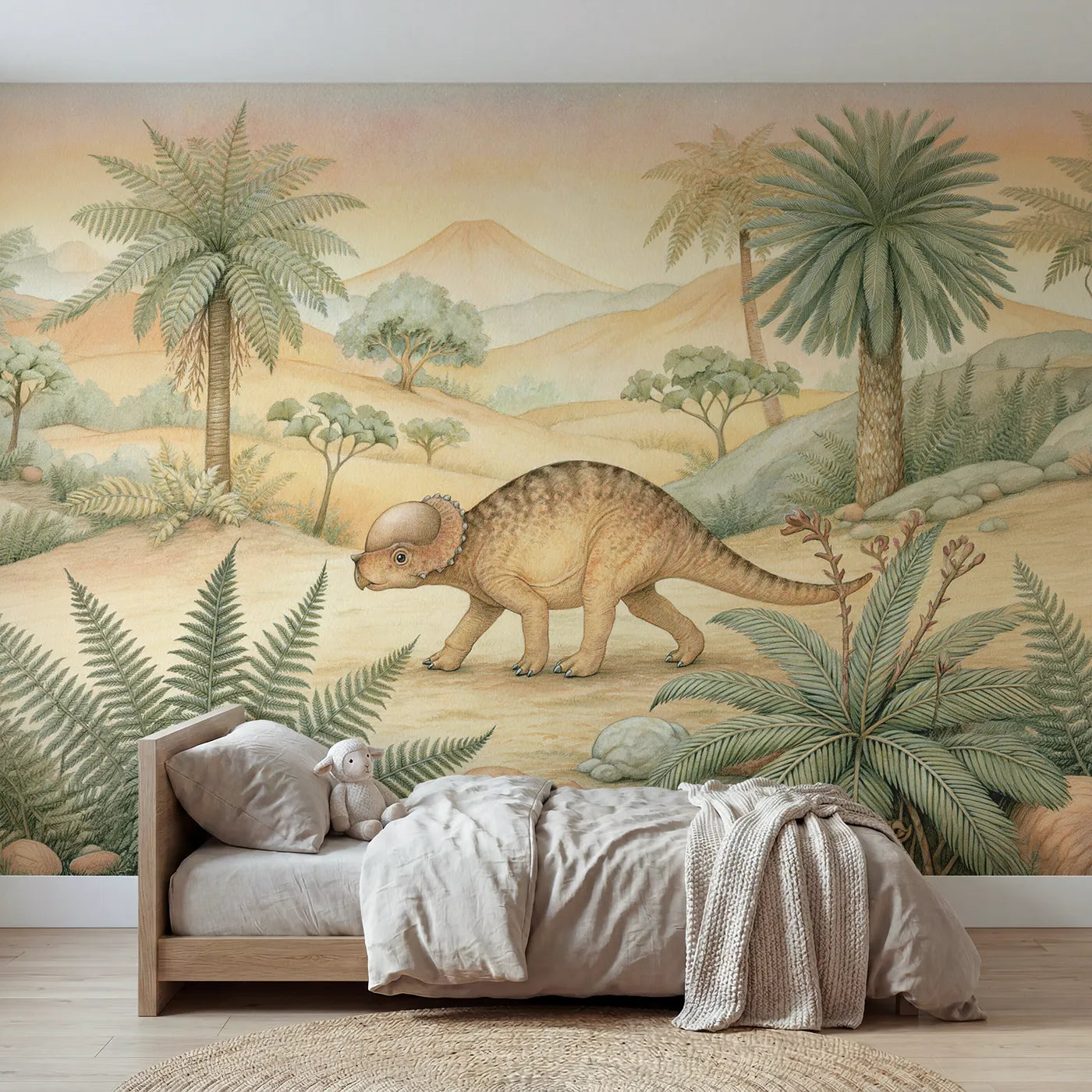 Storybook wall mural of a friendly pachycephalosaurus by Whimsy Tots