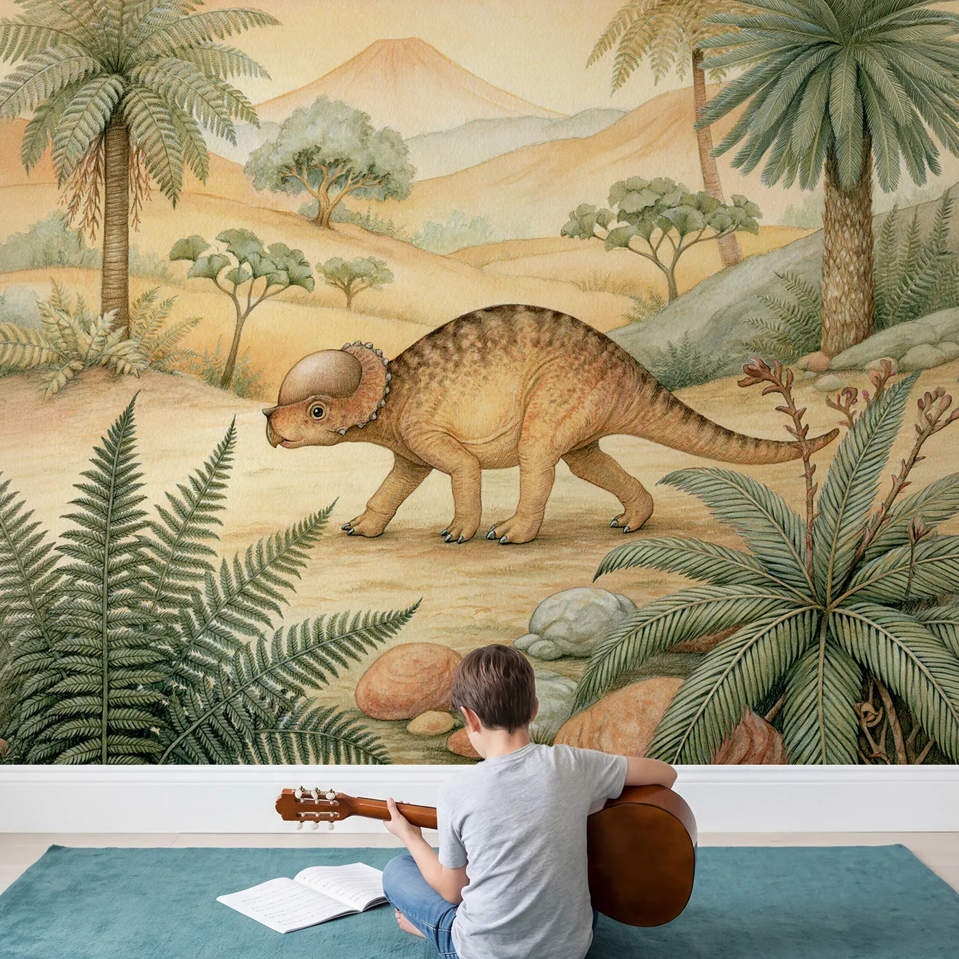 Child in nursery with Friendly Pachycephalosaurus Wallpaper Mural by Whimsy Tots