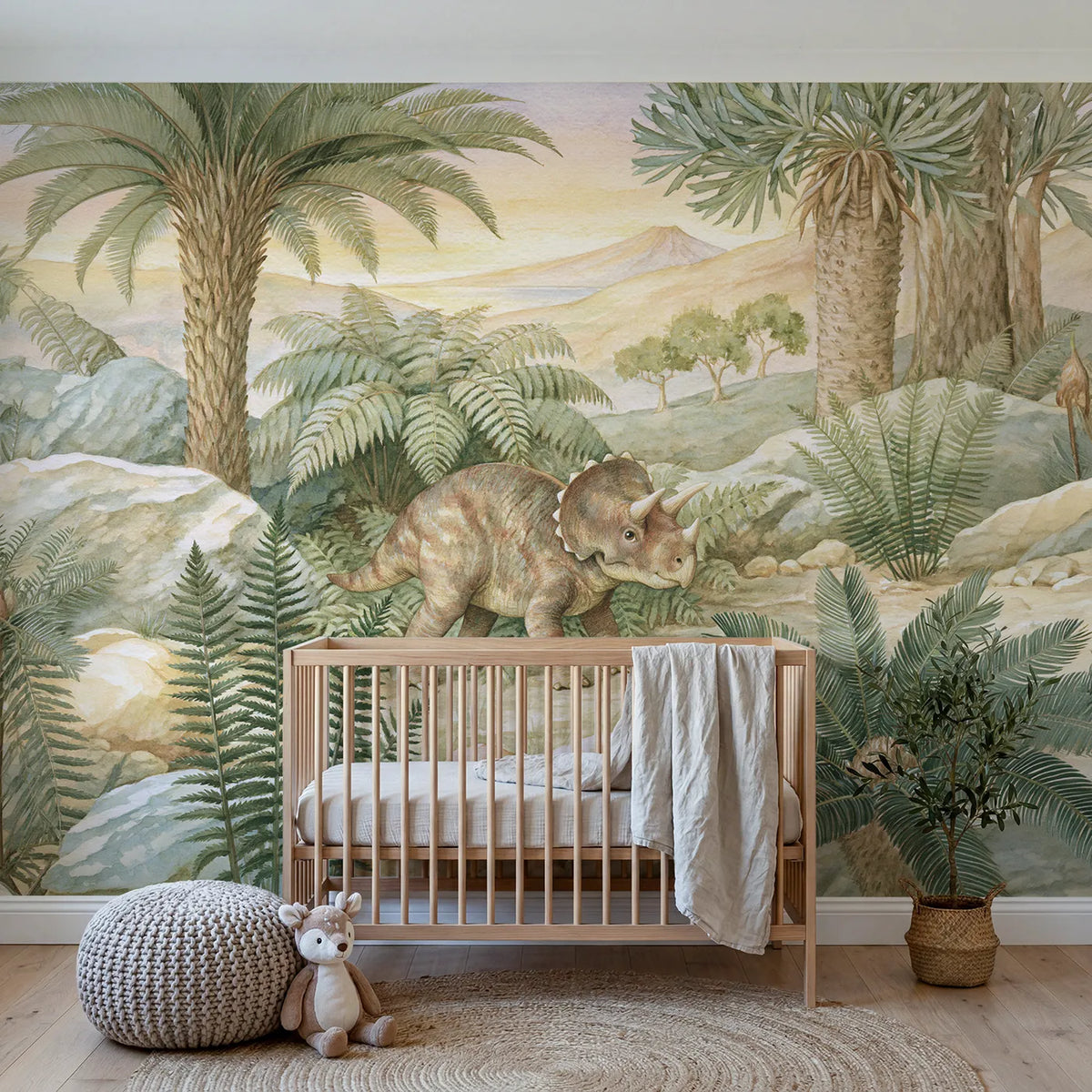 Storybook wall mural of a little protoceratops by Whimsy Tots