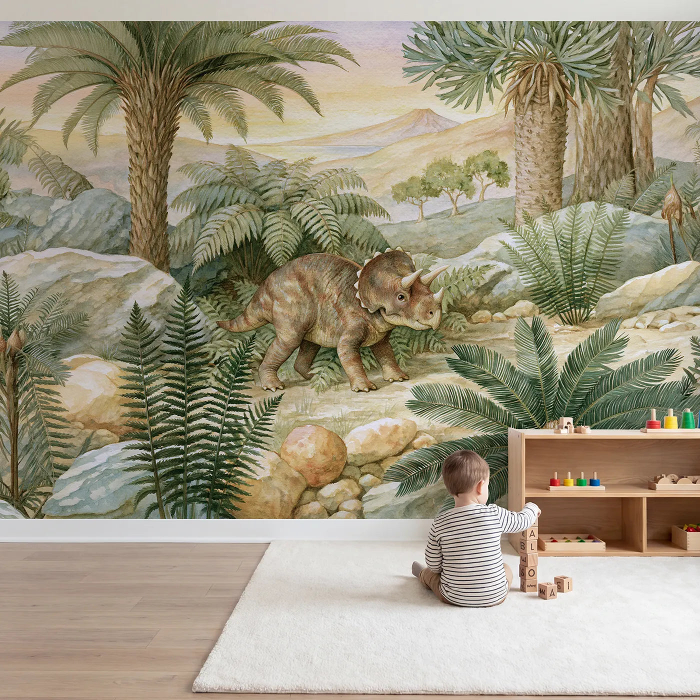 Child in nursery with Little Protoceratops Wallpaper Mural by Whimsy Tots
