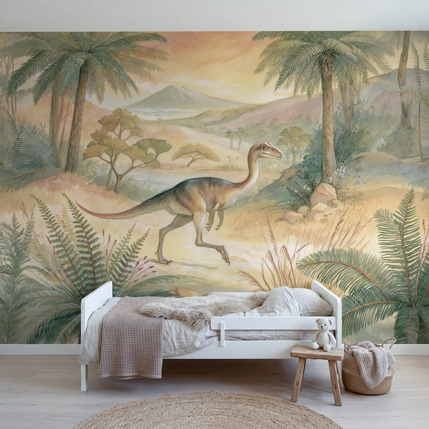 Storybook wall mural of a striding gallimimus by Whimsy Tots