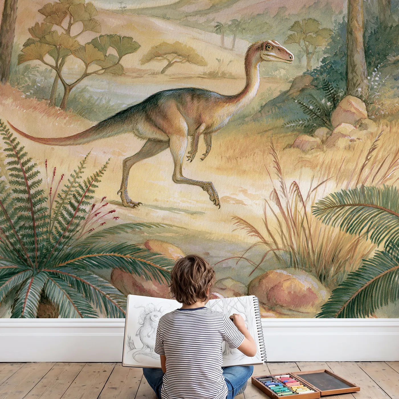 Child in nursery with Speedy Gallimimus Wallpaper Mural by Whimsy Tots