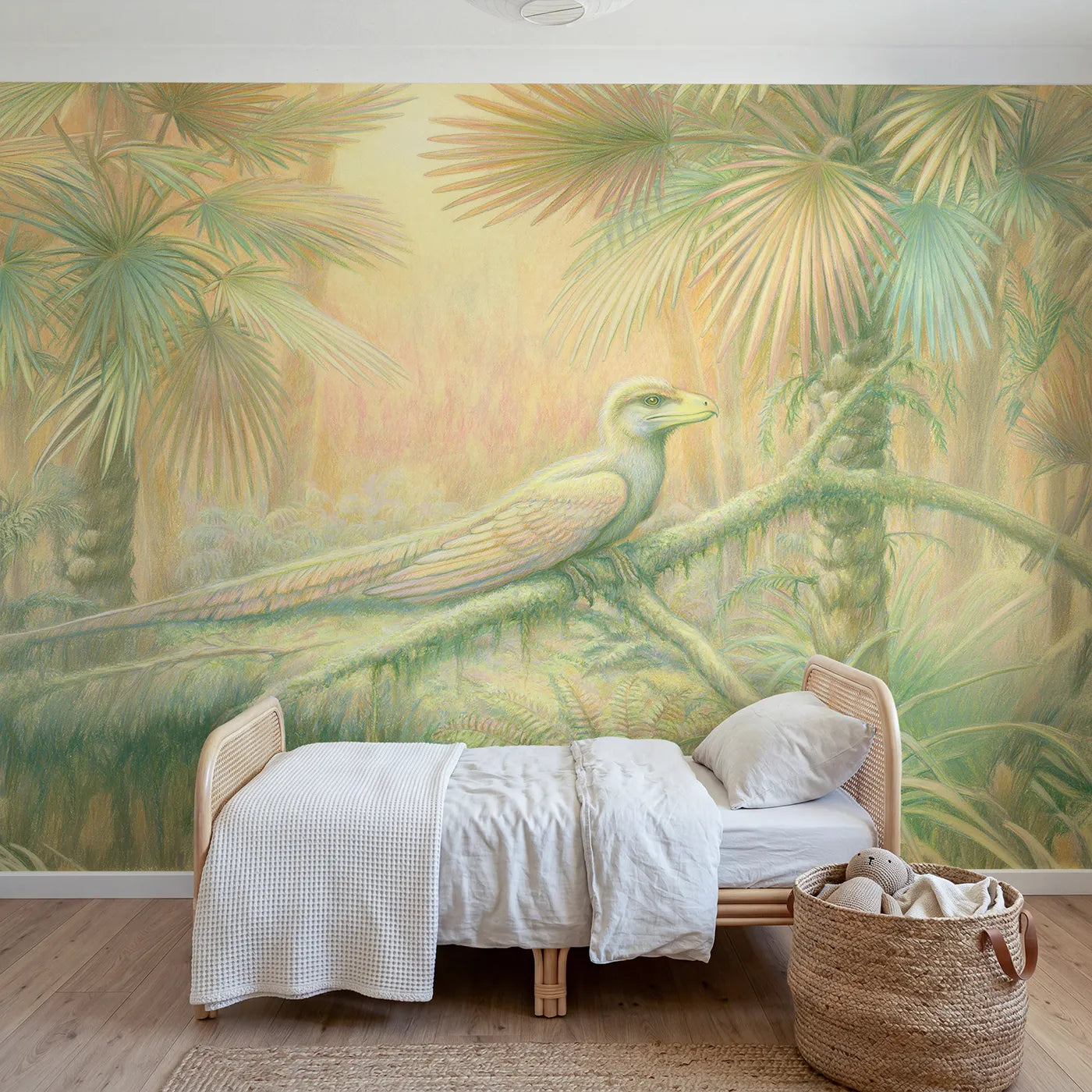 Colored-pencil wall mural of a perched archaeopteryx by Whimsy Tots