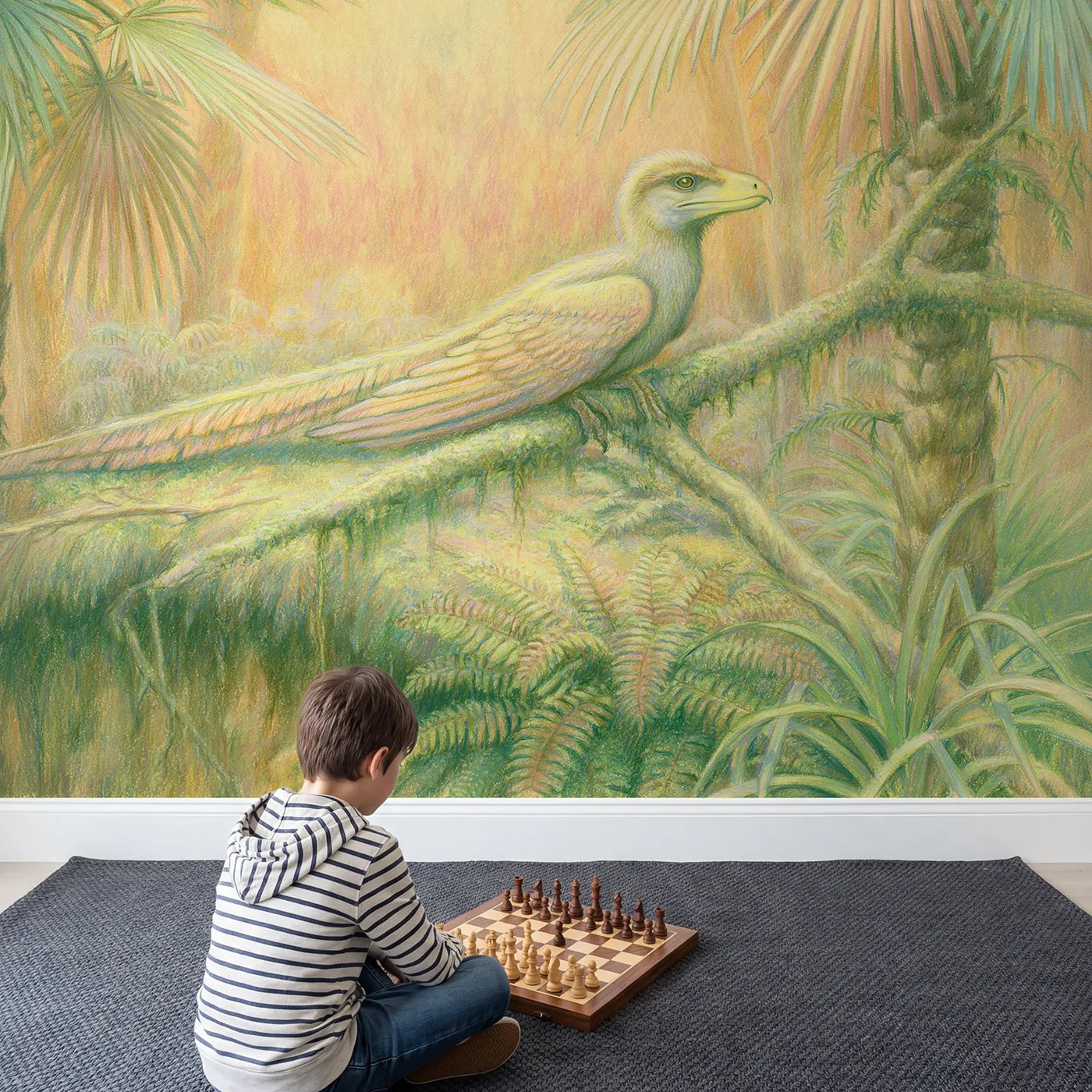 Child in nursery with Perched Archaeopteryx Wallpaper Mural by Whimsy Tots