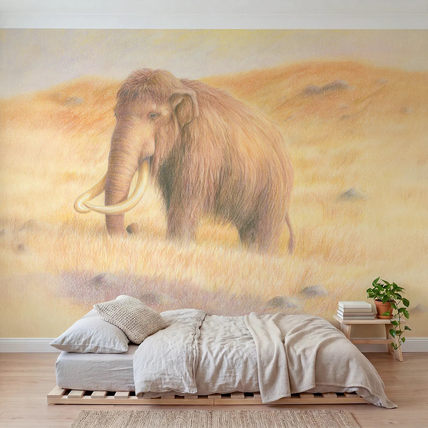 Colored-pencil wall mural of a gentle woolly mammoth by Whimsy Tots
