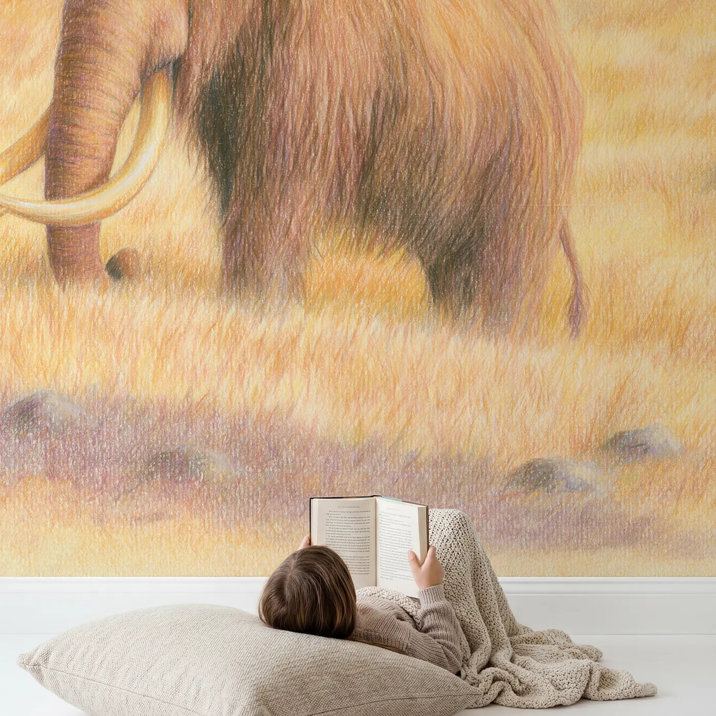 Child in nursery with Gentle Woolly Mammoth Wallpaper Mural by Whimsy Tots