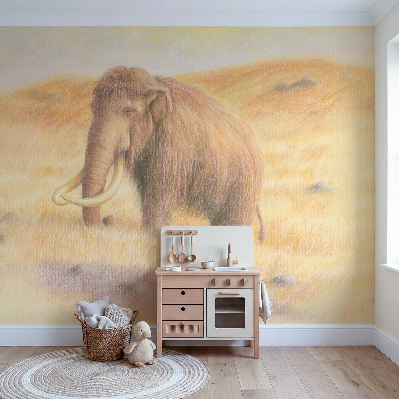 Gentle Woolly Mammoth Wallpaper Mural in playroom setting by Whimsy Tots