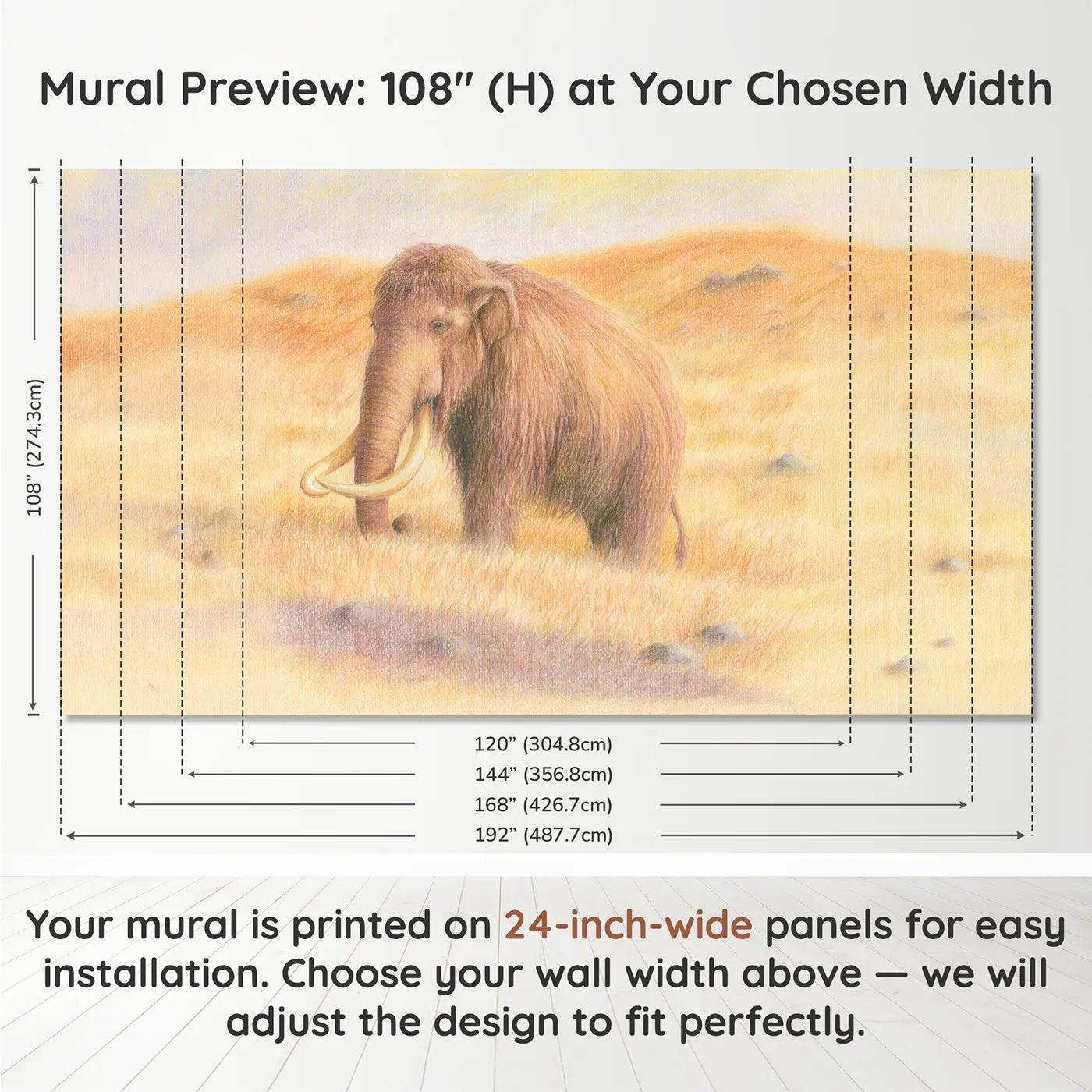 Panel layout and dimensions for Gentle Woolly Mammoth Wallpaper Mural by Whimsy Tots