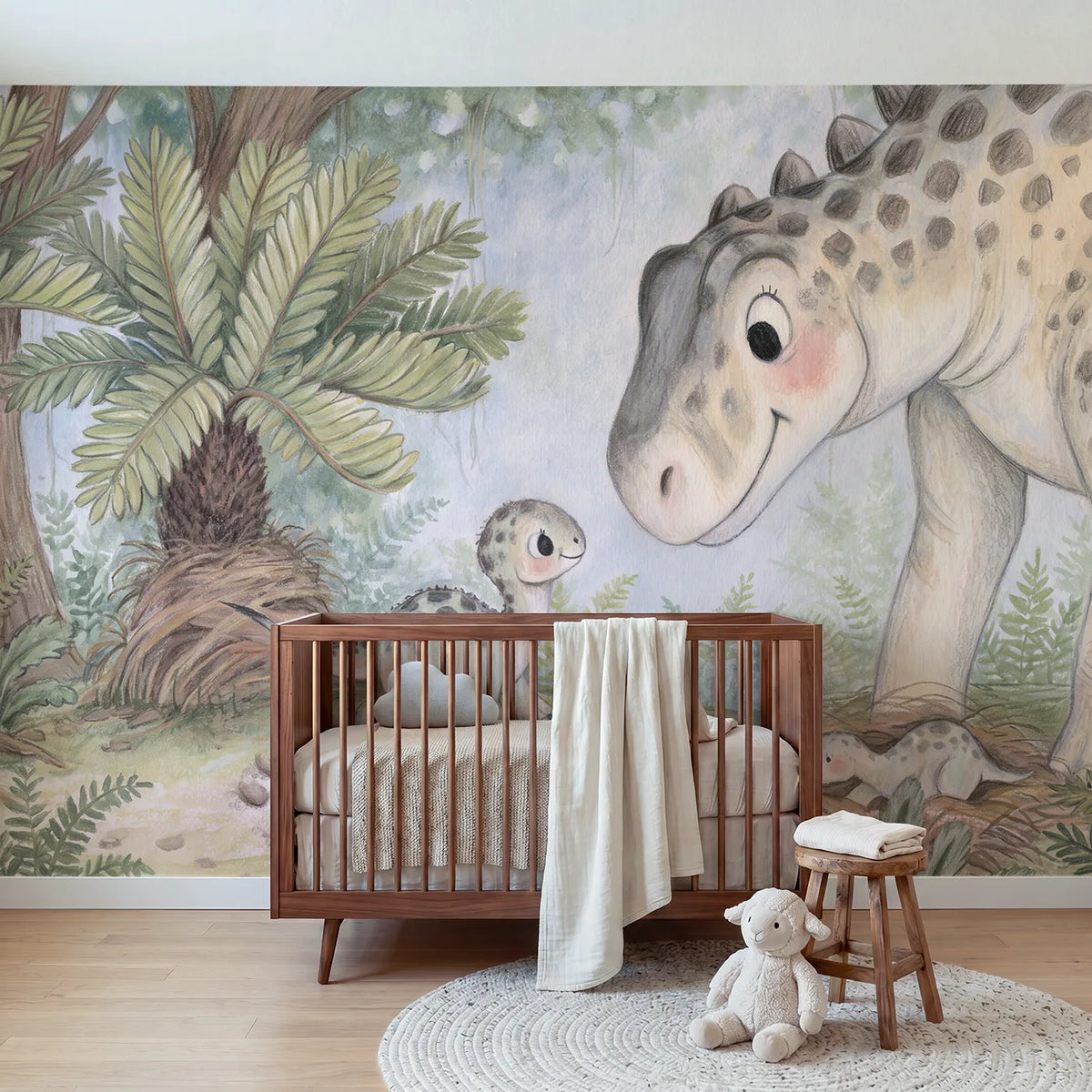 Colored Pencil dinosaur hatchling taking first steps, wall mural for a toddler room by Whimsy Tots