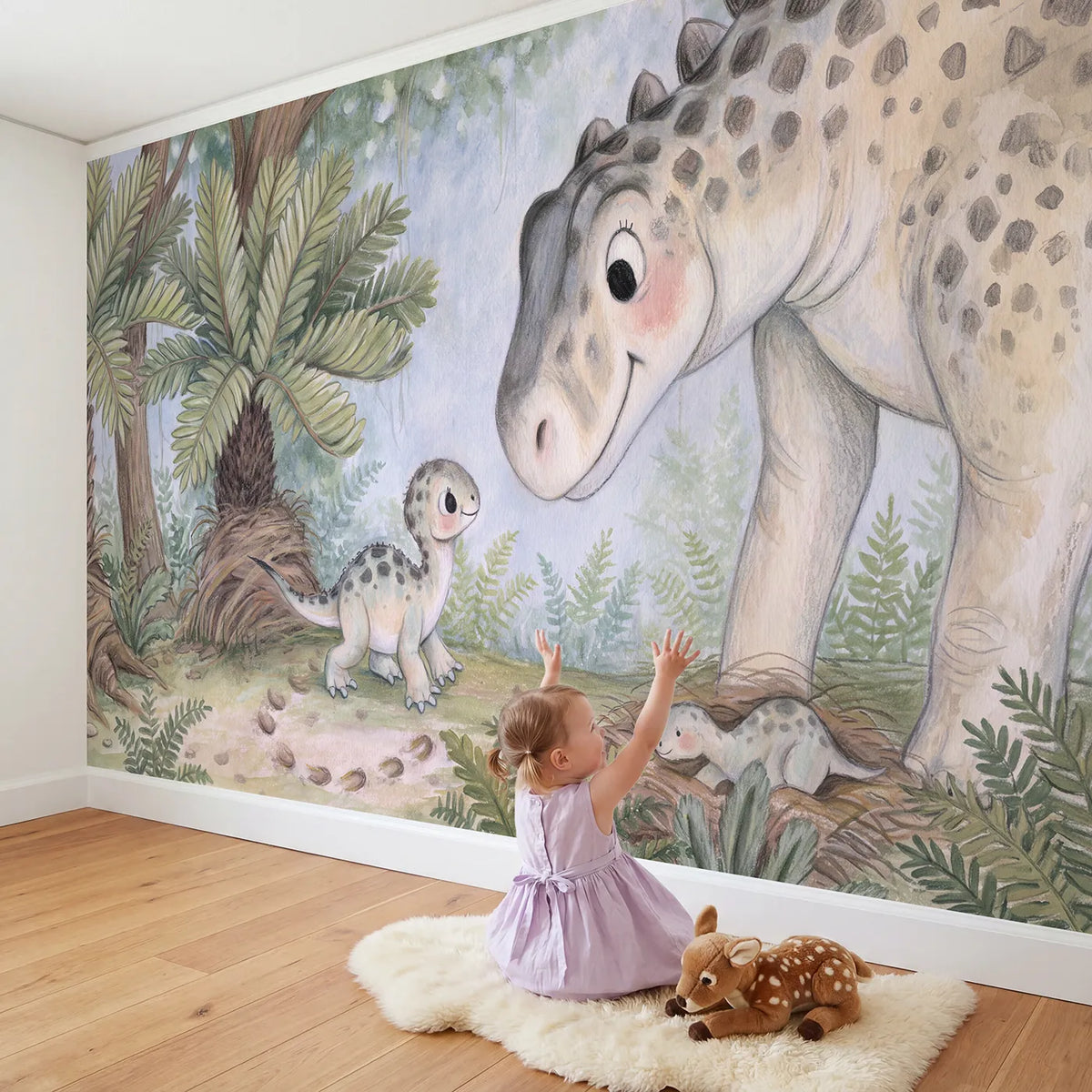 Child in nursery with The First Wobble Wallpaper Mural by Whimsy Tots