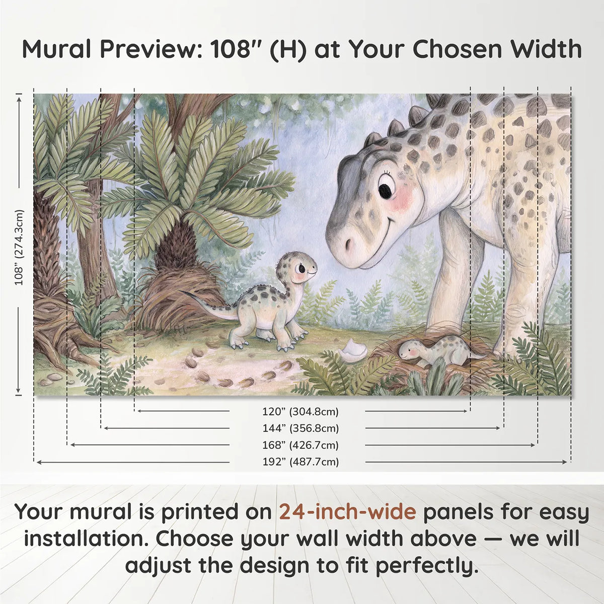 Panel layout and dimensions for The First Wobble Wallpaper Mural by Whimsy Tots