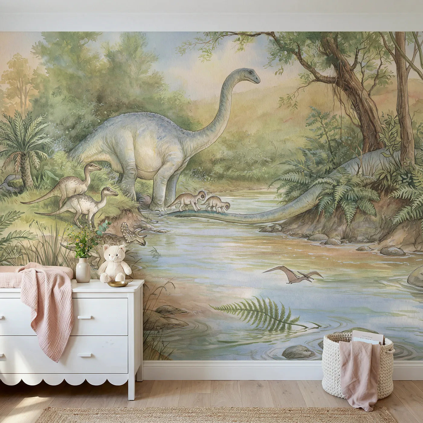 Storybook sauropod neck bridging a river, wall mural for a kids room by Whimsy Tots