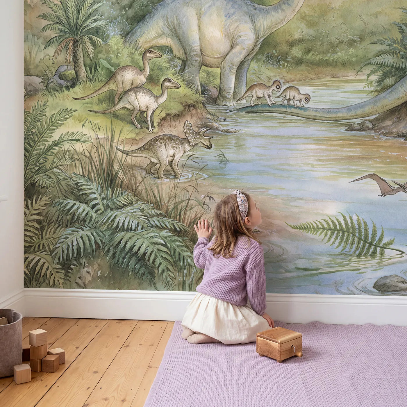 Child in nursery with The Long-Neck Ferry Wallpaper Mural by Whimsy Tots