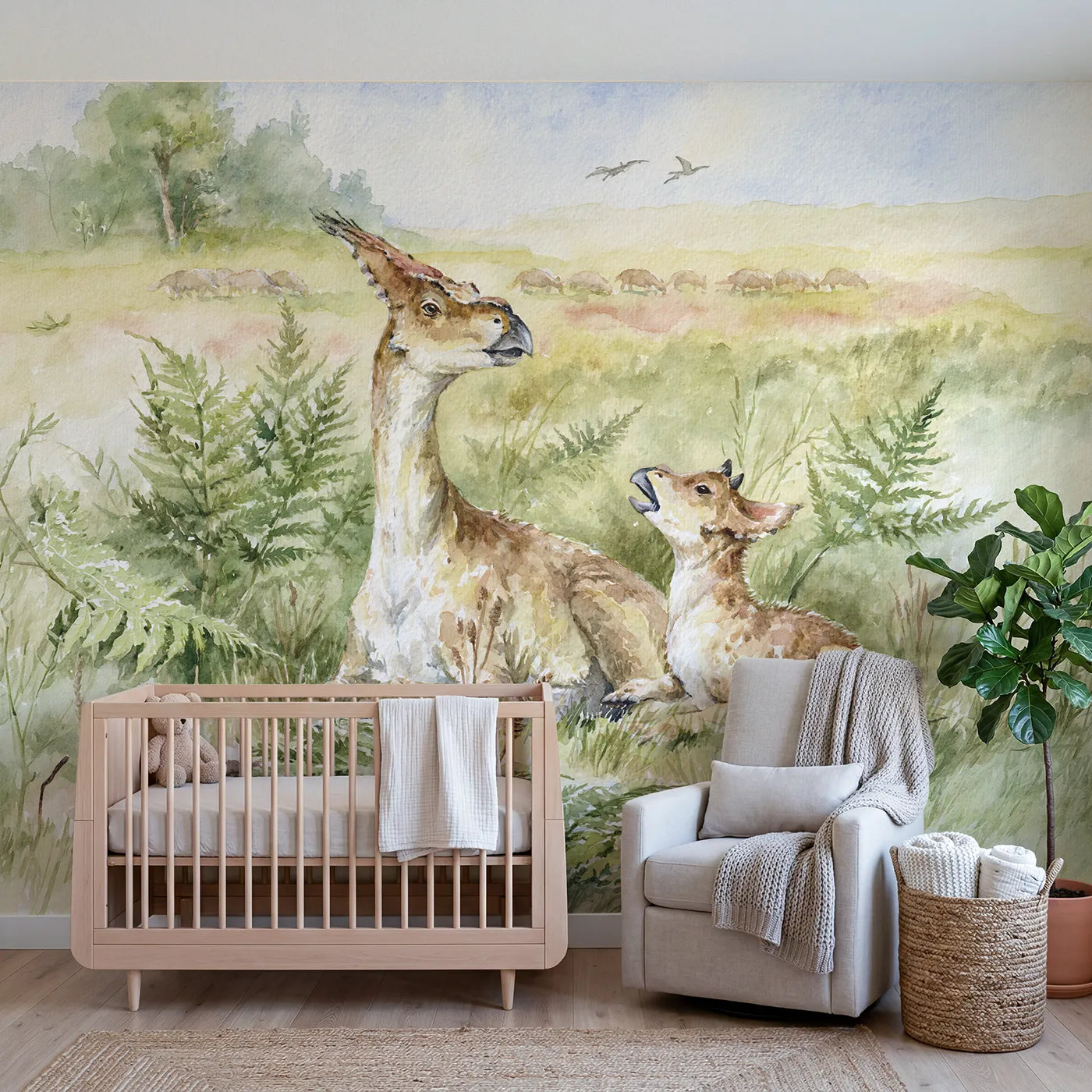 Watercolor parasaurolophus teaching the family call, wall mural for a toddler room by Whimsy Tots