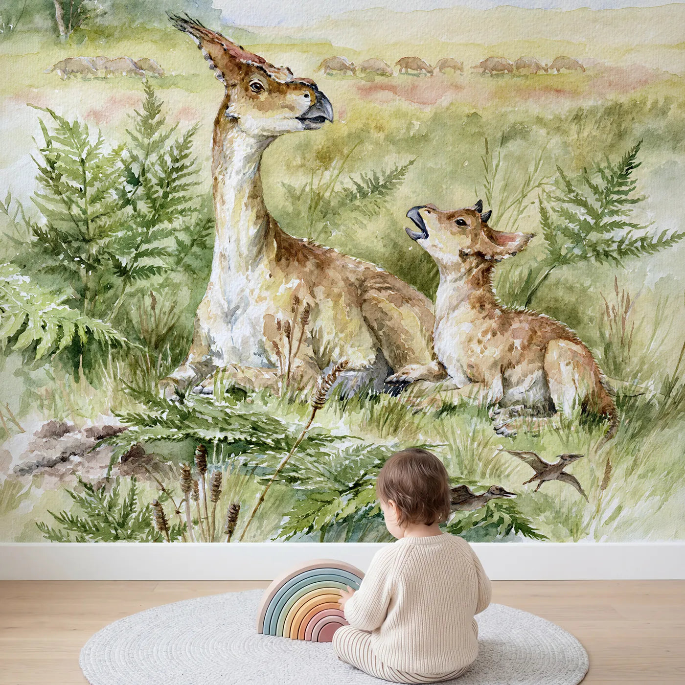Child in nursery with Learning the Long Call Wallpaper Mural by Whimsy Tots