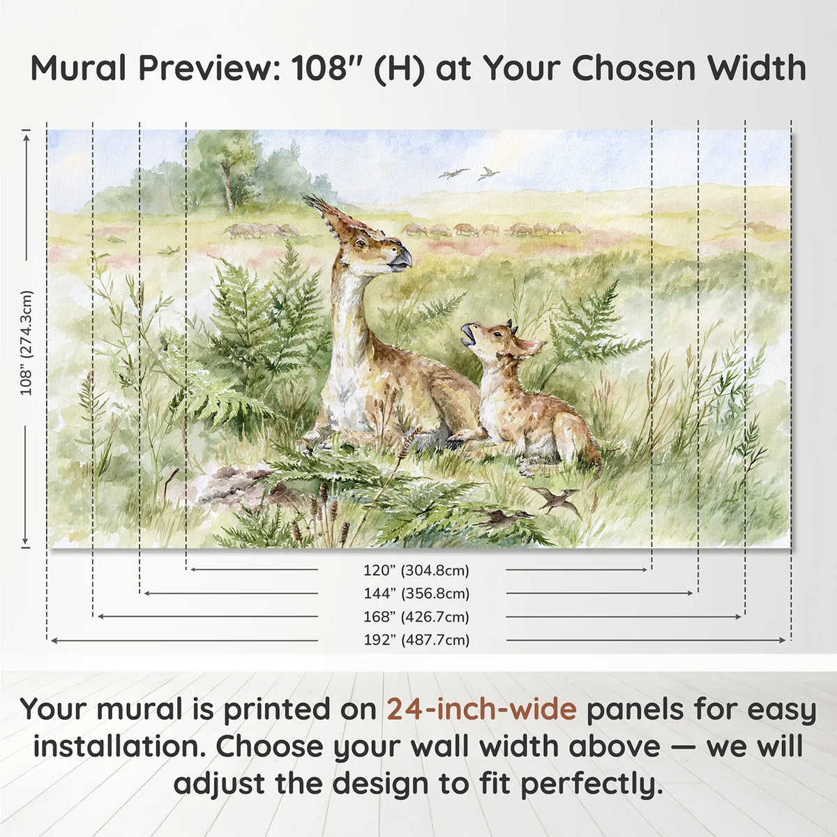 Panel layout and dimensions for Learning the Long Call Wallpaper Mural by Whimsy Tots