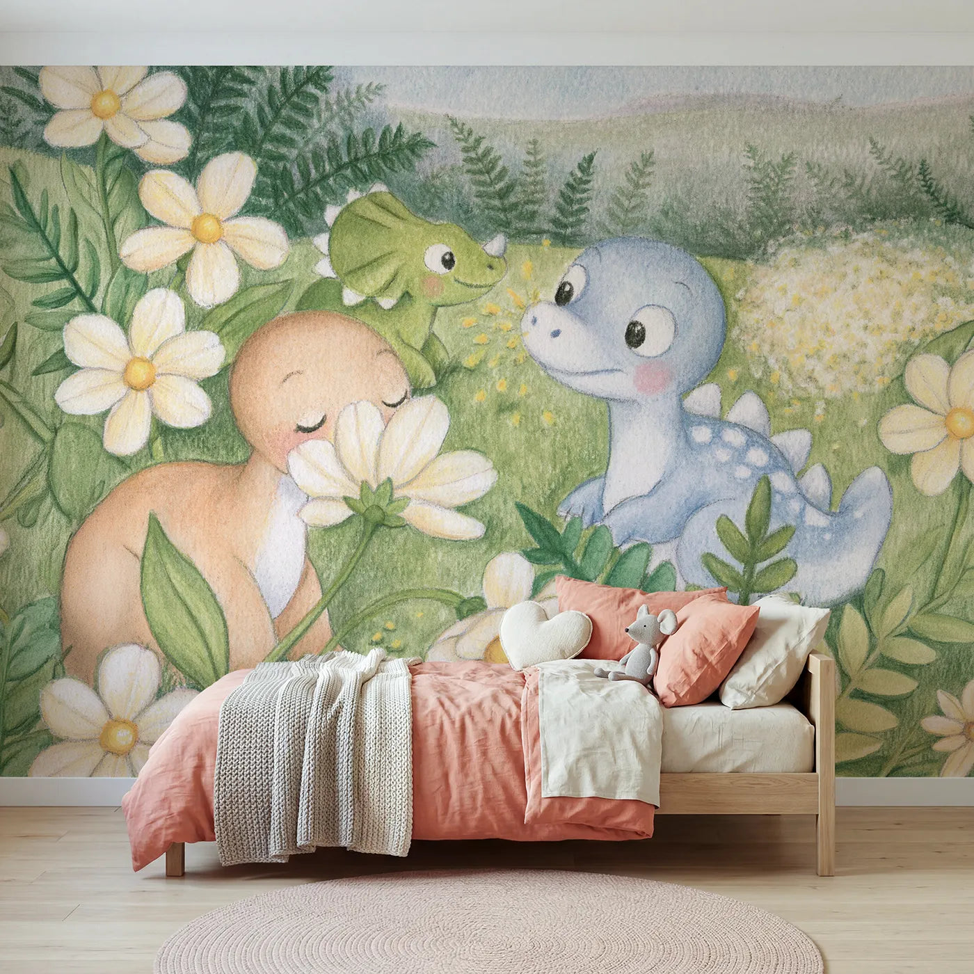 Colored Pencil dinosaurs sniffing the first valley flowers, wall mural for a bedroom by Whimsy Tots